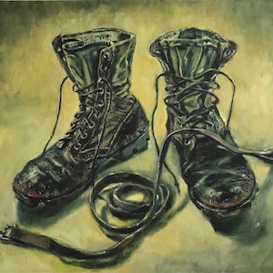 May include: An oil painting depicts two worn, green combat boots with laces undone, and a brown leather leash. The boots are positioned side-by-side, suggesting they are resting. The background is a muted yellow-green.
