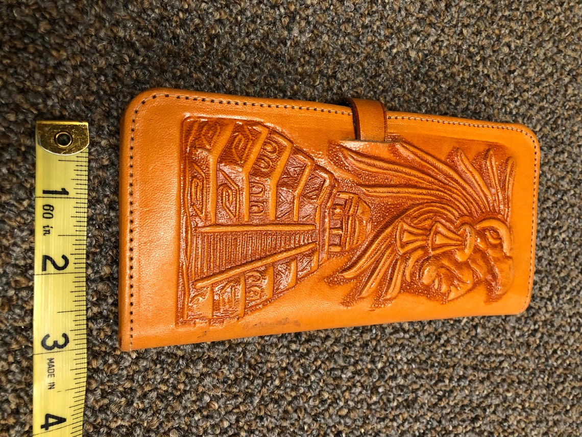 Handmade beautiful stamped Mexico tourist wallet in tan. Etsy