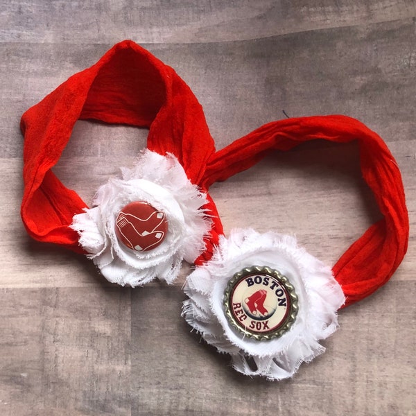 Boston Red Sox Infant/Children's Headbands: White Shabby Chic flower in a red Nylon headband Infant, children's, girl