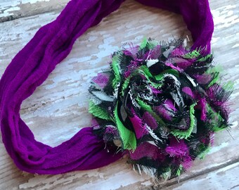 HALLOWEEN Colors Infant/Children's Headband: Black, purple & Green chiffon flower on a Purple nylon headband Newborn, Baby, Toddler, Girls