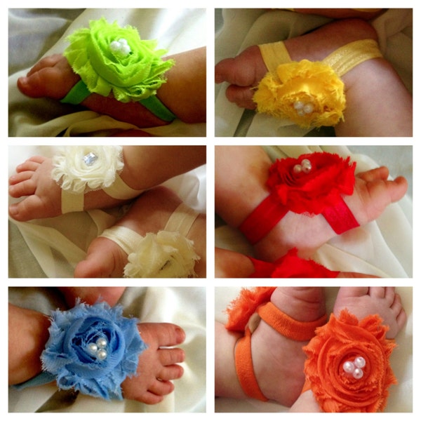 MANY COLORS)) Beautiful Baby Toe Blooms/Sandals- Chiffon Flower with a pearl center on a stretch elastic Newborn, Infant, Baby, Girl