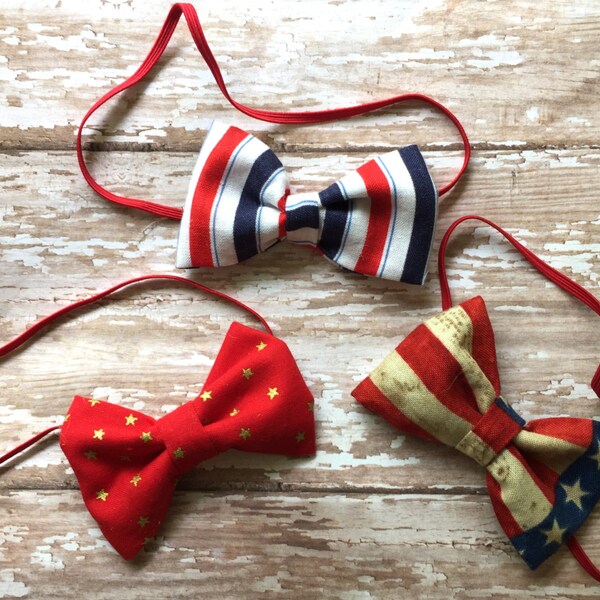 ADORABLE Patriotic JULY 4th Baby, Toddler, Boys Bow Ties Red, White & Blue neck strap OR Pin back option