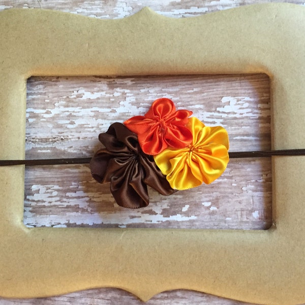 Beautiful FALL COLORS Infant/Children's Headband: Orange, Yellow & Brown satin flower cluster on a Brown headband Baby, Toddler, Children's