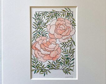 Botanical Watercolor Original Painting, Pink Peonies