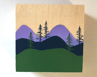Botanical Wall Art, Blue and Green Landscape with Pine Trees, 4x4 Wooden Panel