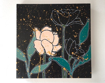 Nighttime Florals Collection, Dwarf Carnation and Poppies, 5X5 Inches, Original Artwork, Gouache on Wood Panel