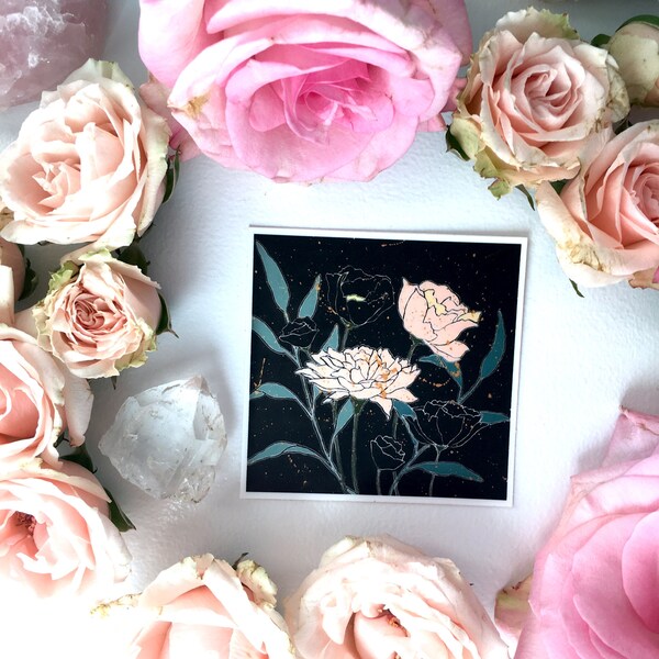 Nighttime Florals, Carnation and Peony Vinyl Sticker, 3X3 inches