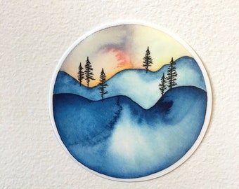 Watercolor Pine Tree Landscape Sticker, 3X3 inches