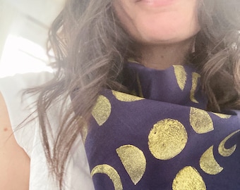 Handmade Block Printed Bandana, Moon Phases, Scarf