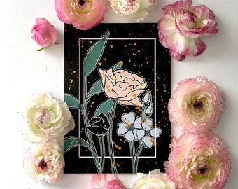 Nighttime Florals, Peony with Cosmos, Gouache on Watercolor Paper, Original Painting, 5X7 with Mat