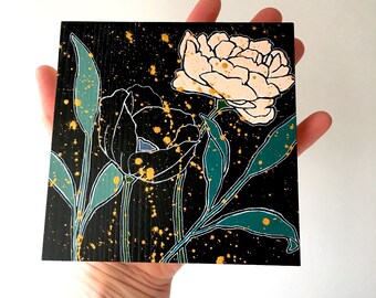 Nighttime Florals Collection, Peony and Poppy, 5X5 Inches, Original Artwork, Gouache on Wood Panel