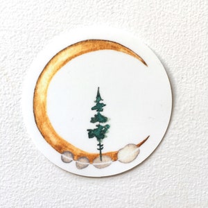 Crescent Moon Sticker, Watercolor  With Pine Tree , 3X3 inches
