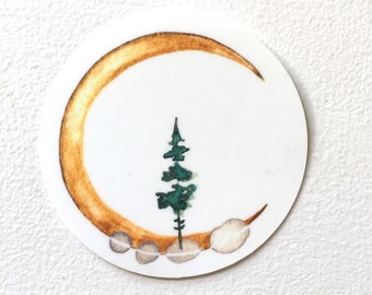 Crescent Moon Sticker, Watercolor  With Pine Tree , 3X3 inches