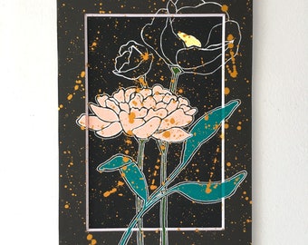 Nighttime Florals, Carnation and Peonies, Gouache on Watercolor Paper, Original Painting, 5X7 with Mat