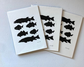 Lake Fish Block Printed Wall Art, Black on White paper, 5X7