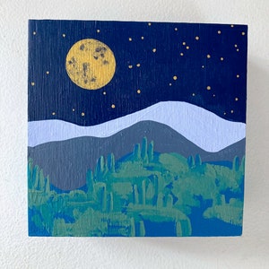 Landscape Painting on Wood, Full Moon, Mountains