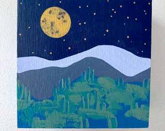 Landscape Painting on Wood, Full Moon, Mountains