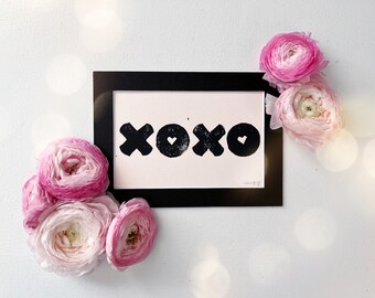 XOXO Block Printed Wall Art, Black on Blush Pink with Black Mat, 5X7