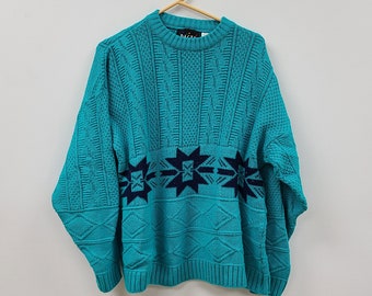 Blue Holiday Sweater  |  Vintage Knit Sweater |  Size Large Pasta Sweater | Italy Sweater | Blue Snowflake Chunky Knit Cable Knit Jumper