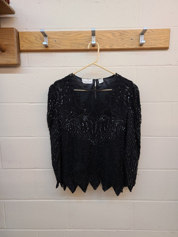 Vintage Silk Shirt  |  Black Sequined Top  |  Siz… - image 2