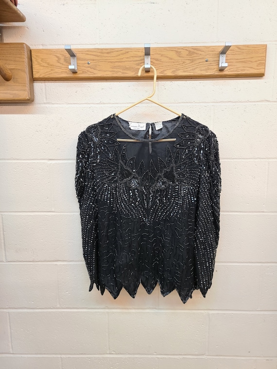 Vintage Silk Shirt  |  Black Sequined Top  |  Siz… - image 1