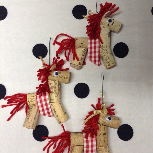 D. Cork Horses Set of Four Trim a Tree Holiday Decoration Festive Red