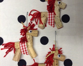 D. Cork Horses Set of Four Trim a Tree Holiday Decoration Festive Red