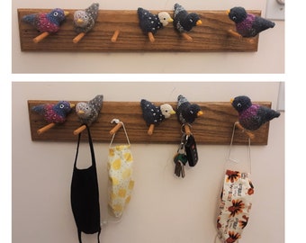 J. Bird Key Rack / Mask Holder, wooden rack with hand knitted colorful bird decorations