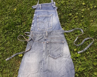 Denim Apron with Multiple Pockets Recycled Blue Jeans Unisex Reversible Belt Upcycled Eco Friendly