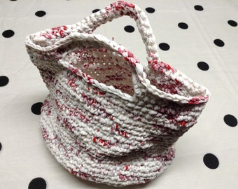 Lunch Bag White Plarn Recycled Plastic Bags Unique Red Accents Sturdy Bag Right Size for your Lunch Useful and Good looking