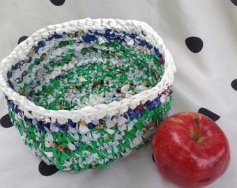 Plarn Basket in green and blue with White Border