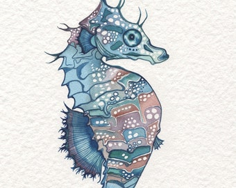 SEAHORSE  - print of detailed under the sea theme decor, ocean artwork turquoise teal green mauve blush pink, sea horse watercolour painting