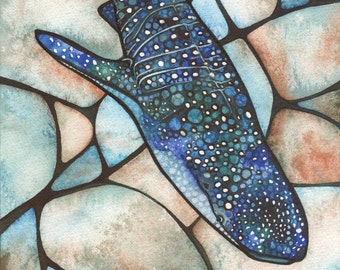 Whale Shark - print of watercolour artwork in stunning starlight detail against rich earth tone stained glass rust moss midnight blue art