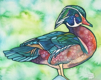 Wood Duck  - print of watercolour painting, beautiful painted perching duck in vibrant earth pigments, birder bird lover avian