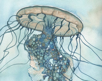 Jellyfish I - print of detailed watercolour artwork in turquoise blue green earth tones, rising floating tentacles, ocean sea nettle art
