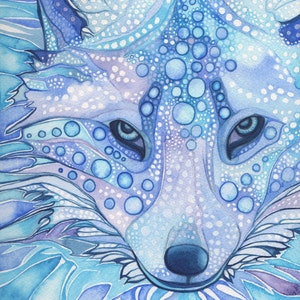 Arctic Fox - print of watercolour painting in whimsical surreal and psychedelic blues, vibrant wildlife snow nature animal portrait artwork