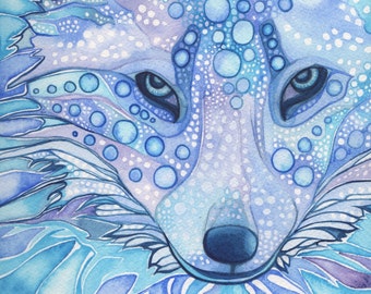 Arctic Fox Print: Whimsical Blue Watercolor Animal Portrait