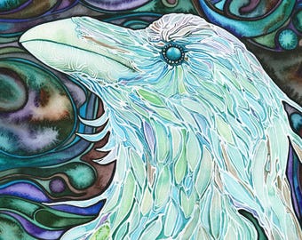 White Raven  - print of watercolour painting, sacred spiritual bird, in turquoise earth tones