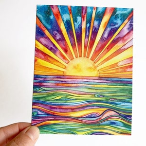 Sun Water card watercolour art celebrating the sunshine & the ocean, sunset, sunrise image 1