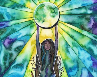 Moonweaver - watercolour print, divine feminine sacred luna woman Mawu creatrix goddess lunar lightworker sisterhood ancient power Gaia