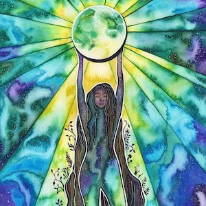 May include: A watercolor painting of a woman with long dark hair holding a green and white moon in her hands. The woman is surrounded by a colorful background of blue, green, and yellow with a starry sky.