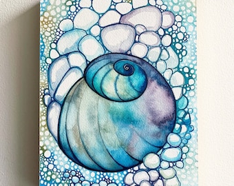 Original Watercolour painting "Bubble Snail" 7" x 10", beautiful spiral moon sea shell ocean colours turquoise teal aqua marine blue bubbles