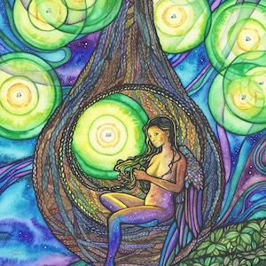 May include: A watercolour painting of a woman with long hair sitting in a nest made of braided ropes. The nest is hanging from a tree trunk. The background is a dark blue sky with green and yellow orbs.