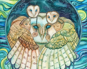 Vision Sisters - watercolour print, sacred vision, owl wisdom, aurora borealis, knowledge bearers, truth seekers, twins, sisterhood, Gaia