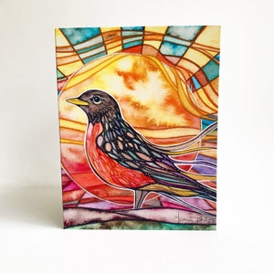 Robin card watercolour art celebrating a great new day, the morning sunshine, and a fresh new start, in vibrant happy colours image 2
