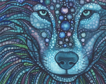 Starwolf  - print of watercolour wolf in turquoise blue grey teal palette stars align sacred totem spirit animal guide galaxy nebula cosmos