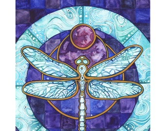 Dragonfly Print: Violet Turquoise Watercolor Art