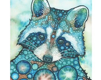 Raccoon - print of adorable watercolor painting artwork turquoise teal earth tones, animal portrait, cute wildlife cutie woodland urban