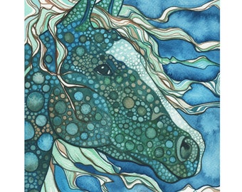 Mitternachts PFERD - Druck einer detaillierten Aquarellkunst in kühlen Petrol und Aqua Blau Grüntönen, Seepferdchen, Ozean, Drachen, Einhorn, magische Kunst