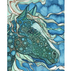 Midnight HORSE - print of detailed watercolour artwork in cool deep teal and aqua blue greens, seahorse, ocean, dragon, unicorn, magic art